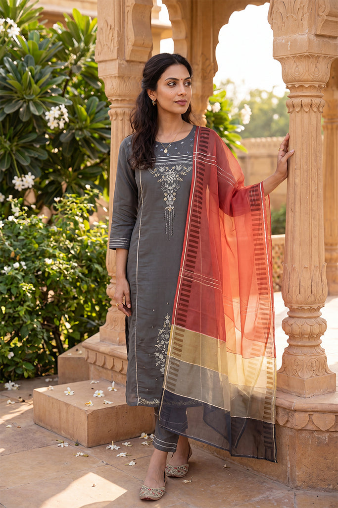 Grey Poly Silk Embroidered Straight Suit Set PKSKD1239