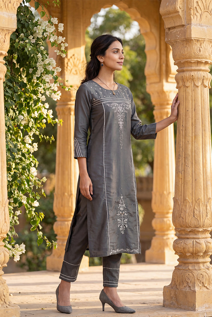 Grey Poly Silk Embroidered Straight Suit Set PKSKD1239
