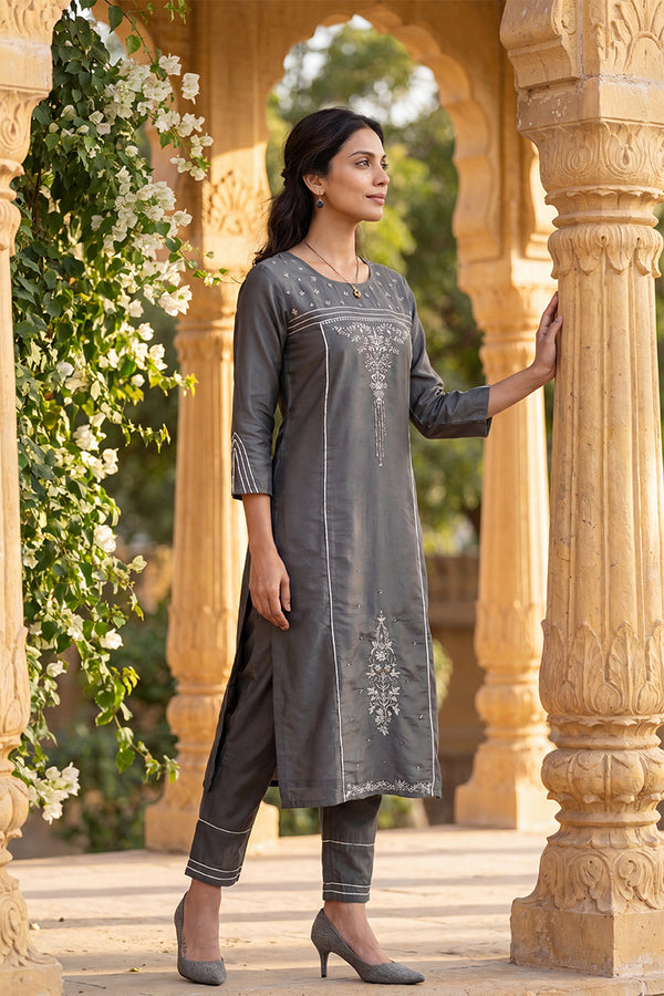 Grey Poly Silk Embroidered Straight Suit Set PKSKD1239