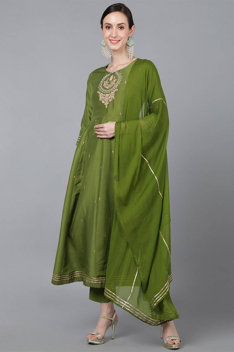 Green Poly Silk Ethnic Motifs Yoke Design Kurta Trousers With Dupatta PKSKD1581