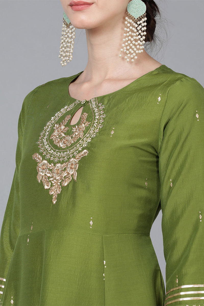 Green Poly Silk Ethnic Motifs Yoke Design Kurta Trousers With Dupatta PKSKD1581