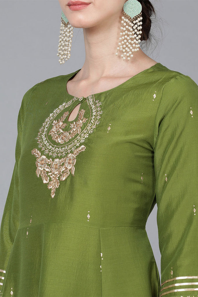 Green Poly Silk Ethnic Motifs Yoke Design Kurta Trousers With Dupatta PKSKD1581