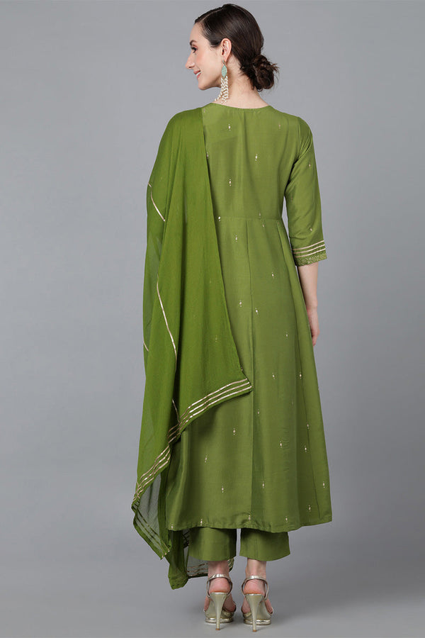Green Poly Silk Ethnic Motifs Yoke Design Kurta Trousers With Dupatta PKSKD1581