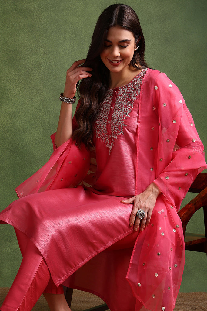 Pink Poly Silk Solid Yoke Design Kurta Trousers With Dupatta PKSKD1586