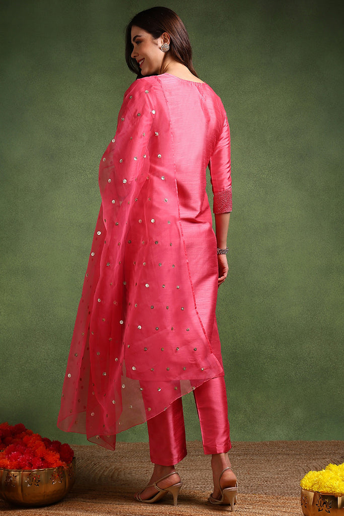 Pink Poly Silk Solid Yoke Design Kurta Trousers With Dupatta PKSKD1586