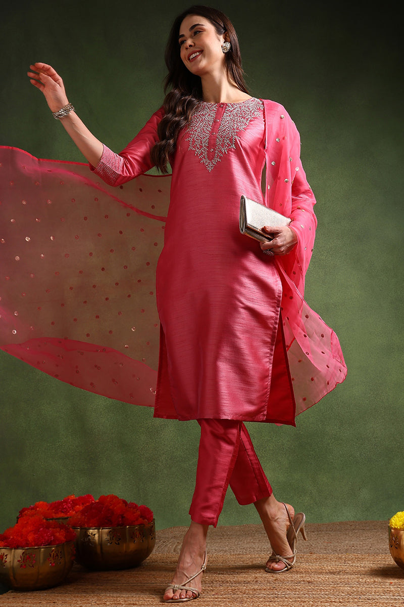 Pink Poly Silk Solid Yoke Design Kurta Trousers With Dupatta PKSKD1586