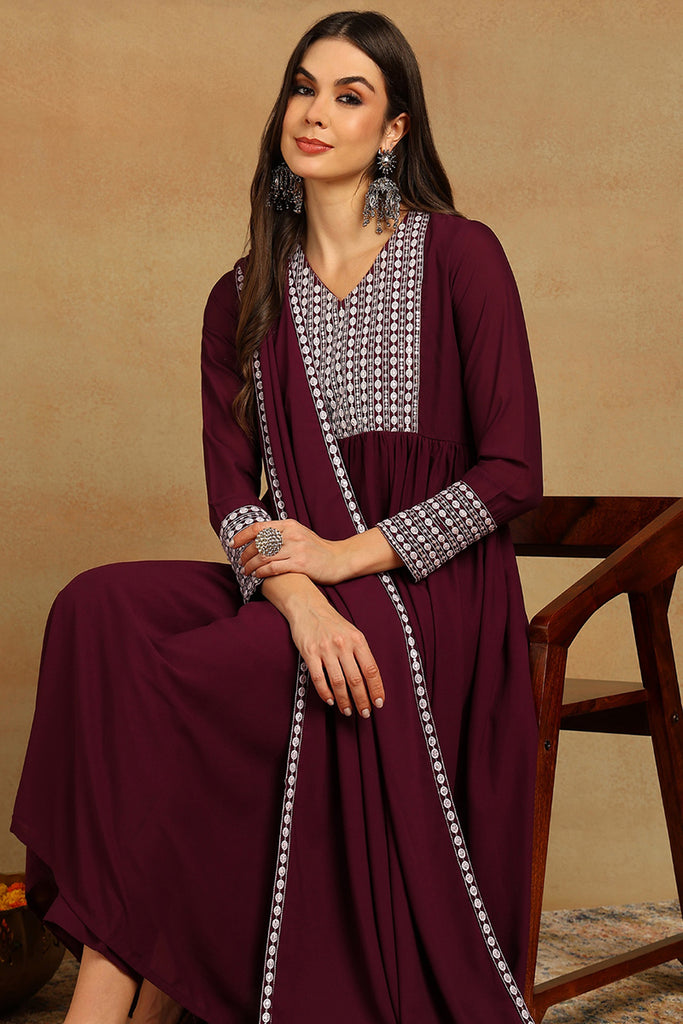 Burgundy Poly Georgette Yoke Design Suit Set PKSKD1603