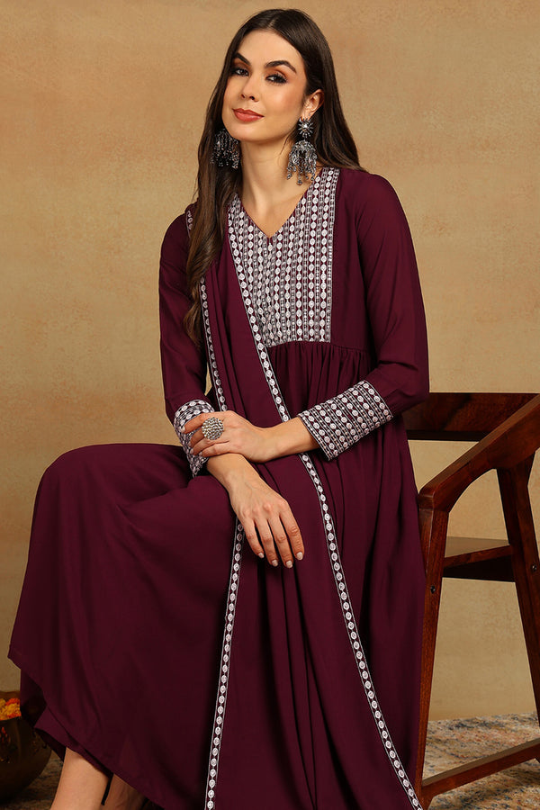 Burgundy Poly Georgette Yoke Design Suit Set PKSKD1603