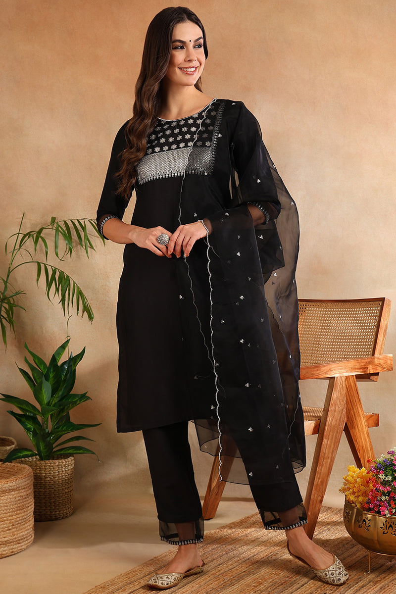 Black Poly Silk Straight Suit Set PKSKD1633