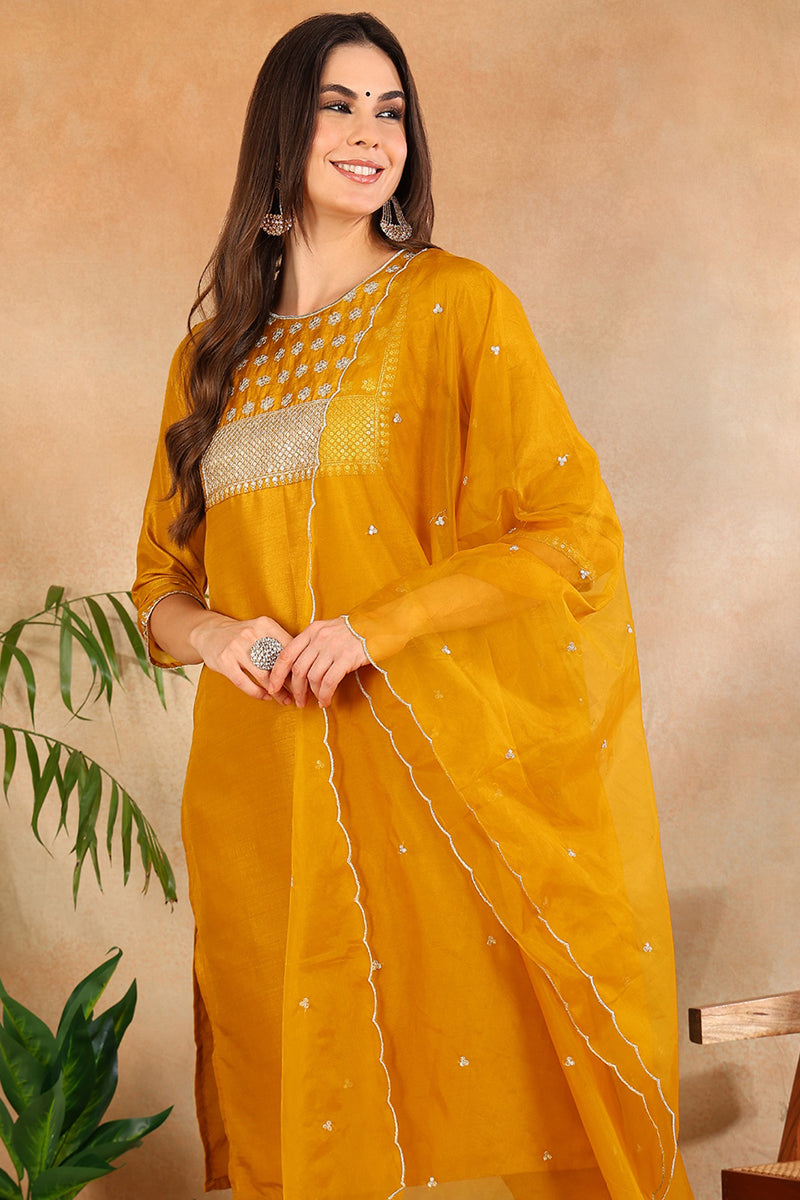 Mustard Poly Silk Straight Suit Set PKSKD1635