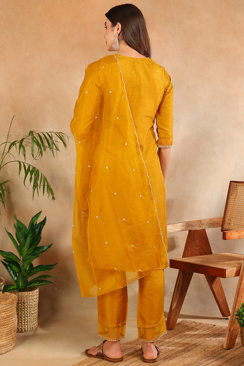 Mustard Poly Silk Straight Suit Set PKSKD1635