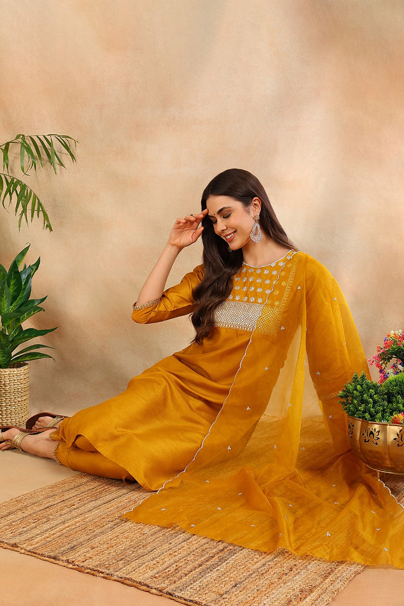 Mustard Poly Silk Straight Suit Set PKSKD1635