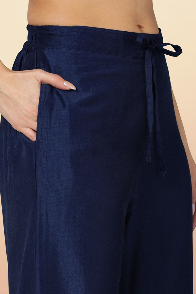 Navy Blue Silk Blend Solid Straight Kurta Trousers With Dupatta PKSKD1704