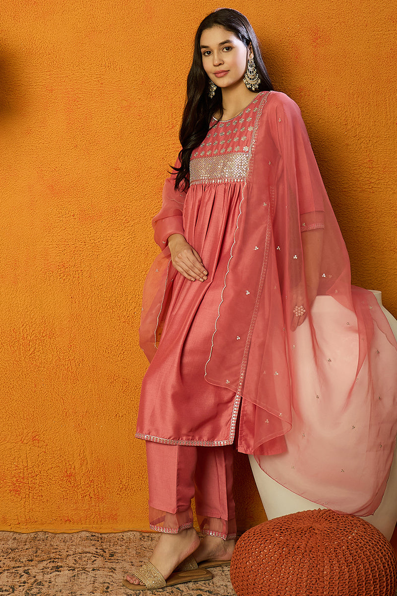 Coral Silk Blend Solid Straight Kurta Trousers With Dupatta PKSKD1725