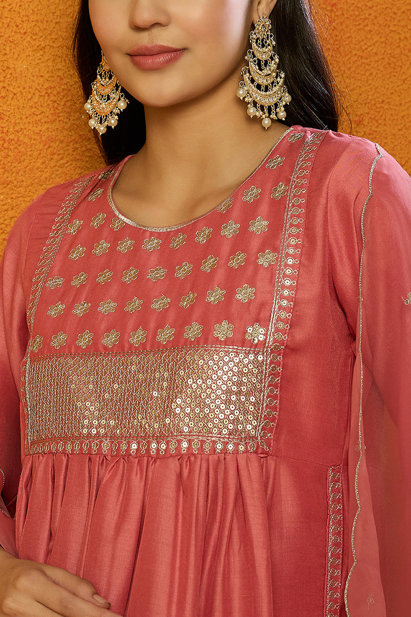 Coral Silk Blend Solid Straight Kurta Trousers With Dupatta PKSKD1725