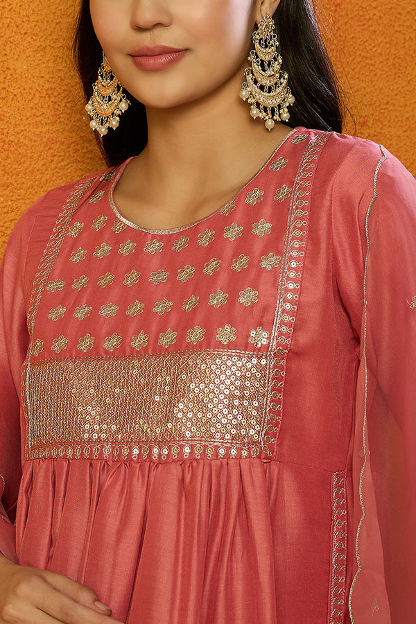 Coral Silk Blend Solid Straight Kurta Trousers With Dupatta PKSKD1725