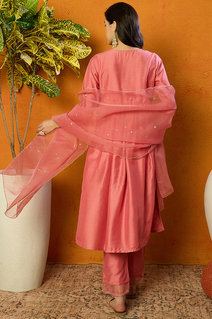 Coral Silk Blend Solid Straight Kurta Trousers With Dupatta PKSKD1725