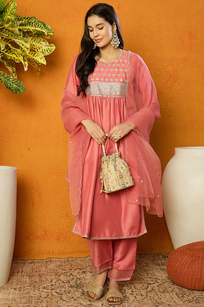 Coral Silk Blend Solid Straight Kurta Trousers With Dupatta PKSKD1725