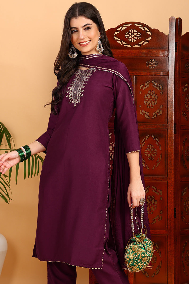 Silk Blend Burgundy Embroidered Straight Kurta Pant With Dupatta PKSKD1771