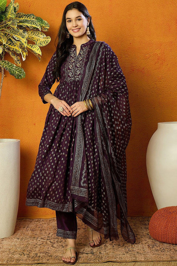 Purple Silk Blend Anarkali Kurta Pant With Dupatta PKSKD1778