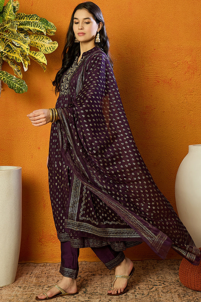 Purple Silk Blend Anarkali Kurta Pant With Dupatta PKSKD1778