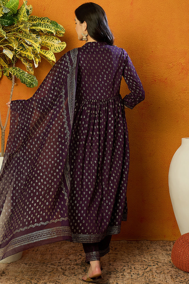 Purple Silk Blend Anarkali Kurta Pant With Dupatta PKSKD1778