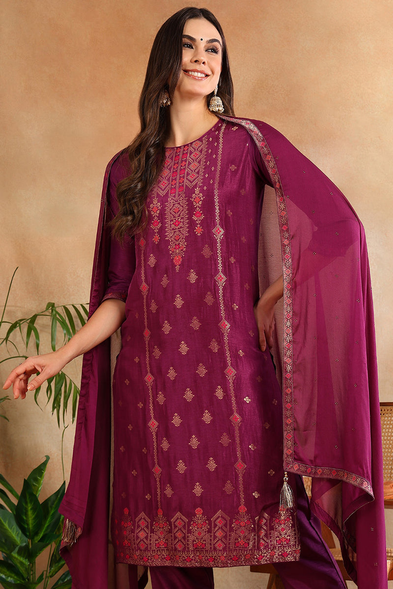 Poly Silk Maroon Embroidered Straight Suit Set PKSKD1779