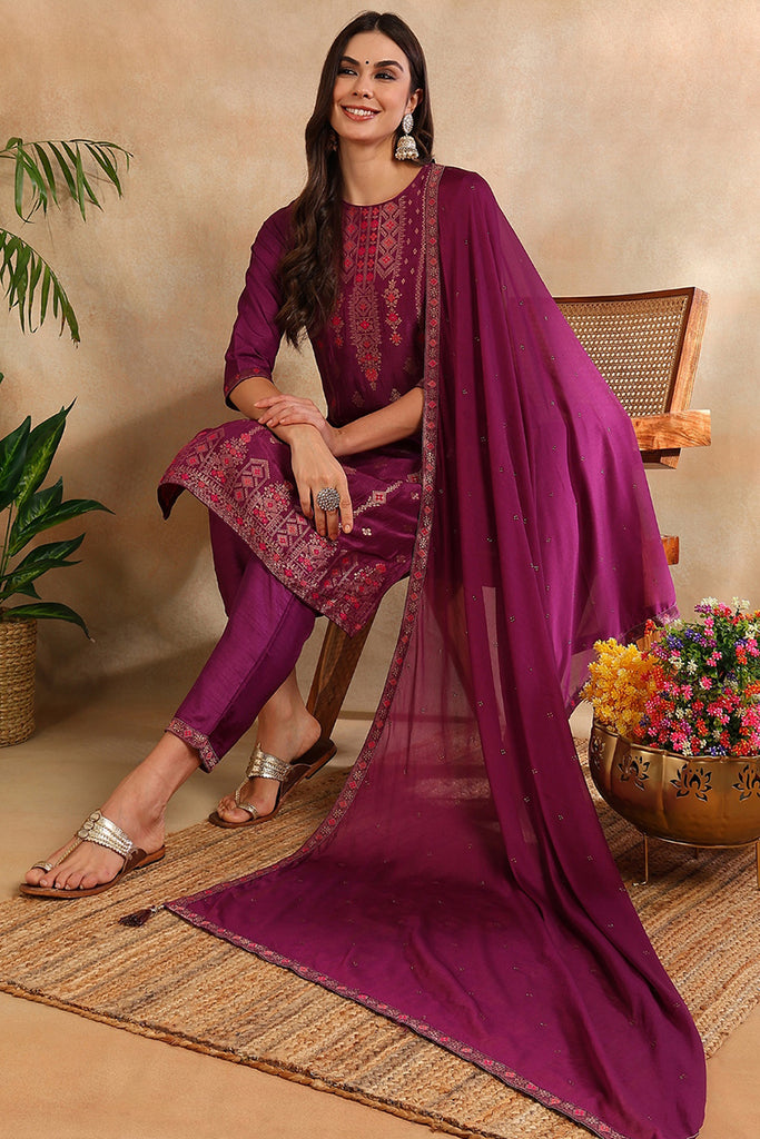 Poly Silk Maroon Embroidered Straight Suit Set PKSKD1779