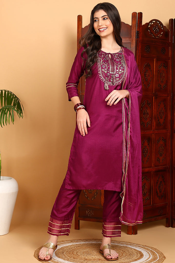 Silk Blend Purple Embroidered Straight Kurta Pant With Dupatta PKSKD1806