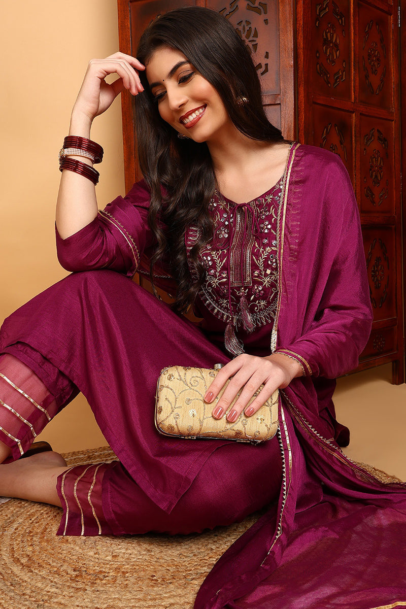 Silk Blend Purple Embroidered Straight Kurta Pant With Dupatta PKSKD1806