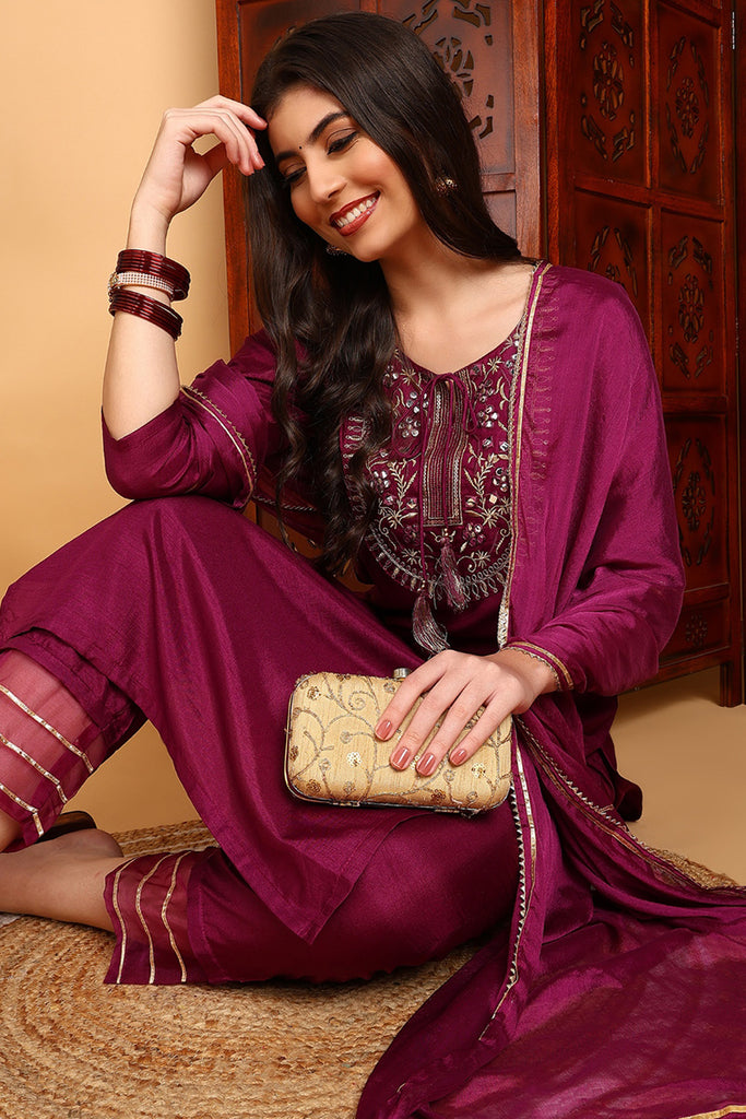 Silk Blend Purple Embroidered Straight Kurta Pant With Dupatta PKSKD1806