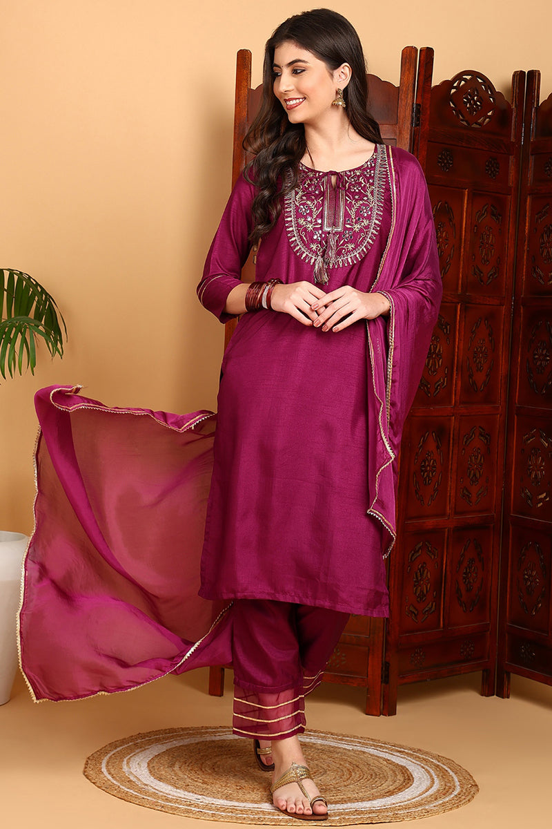 Silk Blend Purple Embroidered Straight Kurta Pant With Dupatta PKSKD1806