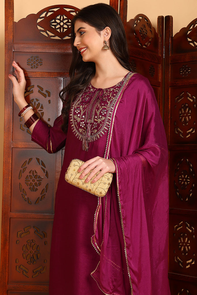 Silk Blend Purple Embroidered Straight Kurta Pant With Dupatta PKSKD1806