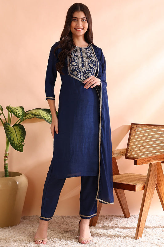 Blue Silk Blend Straight Yoke Design Kurta Pant With Dupatta PKSKD1809