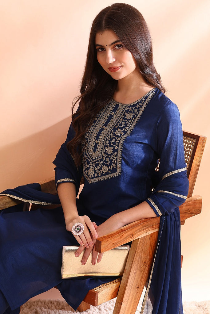 Blue Silk Blend Straight Yoke Design Kurta Pant With Dupatta PKSKD1809