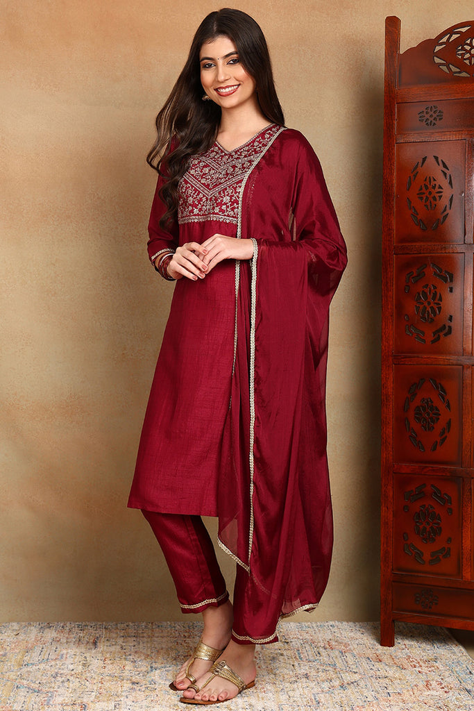 Maroon Silk Blend Solid Straight Suit Set PKSKD1811