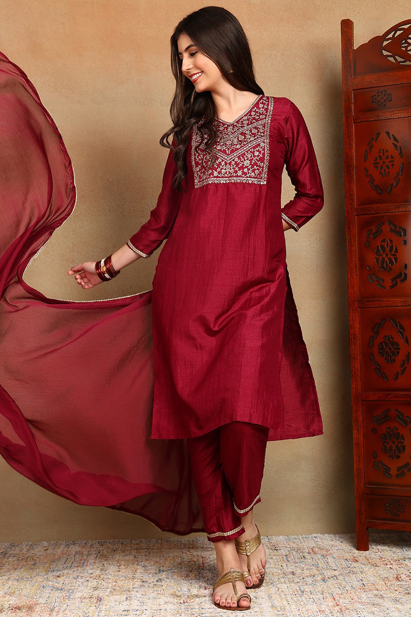 Maroon Silk Blend Solid Straight Suit Set PKSKD1811