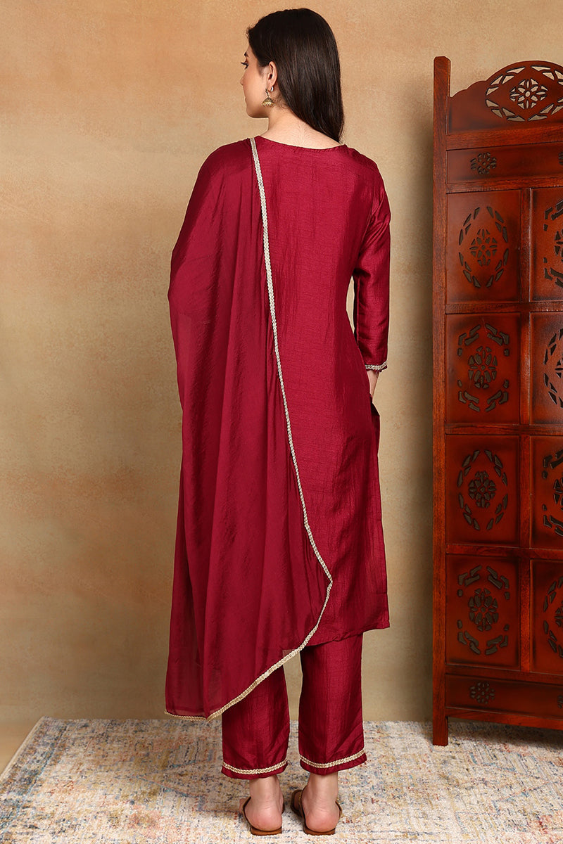 Maroon Silk Blend Solid Straight Suit Set PKSKD1811