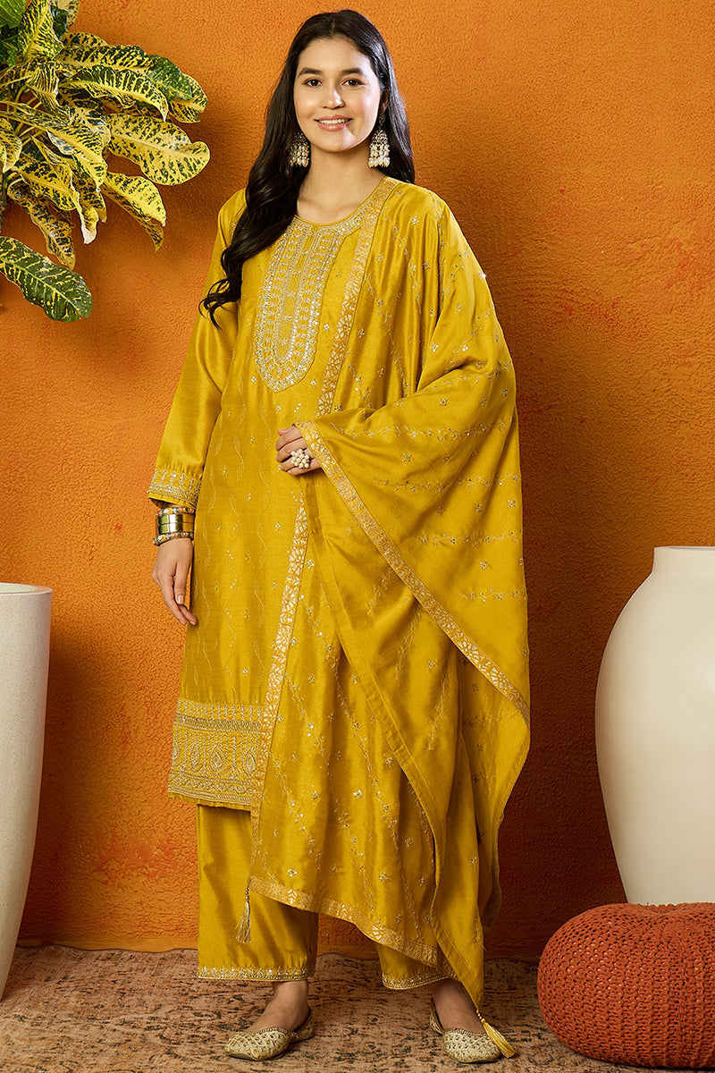 Silk Blend Mustard Embroidered Straight Kurta Pant With Dupatta PKSKD1817