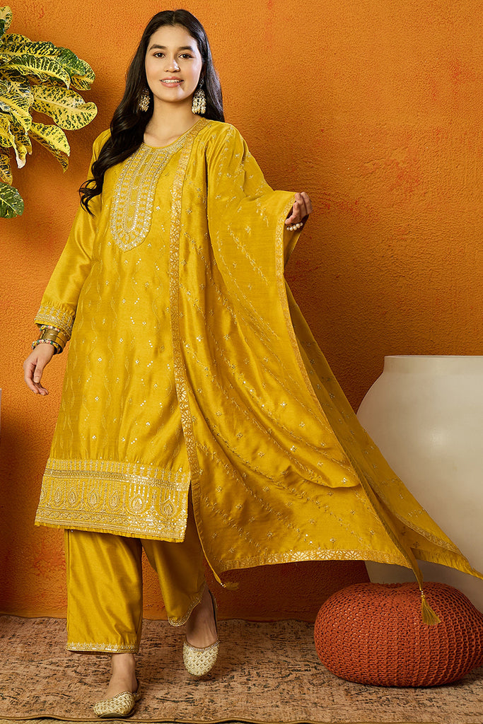 Silk Blend Mustard Embroidered Straight Kurta Pant With Dupatta PKSKD1817