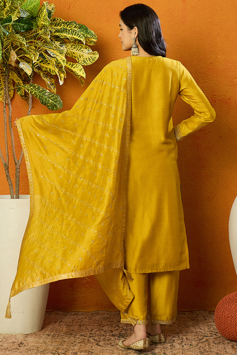 Silk Blend Mustard Embroidered Straight Kurta Pant With Dupatta PKSKD1817