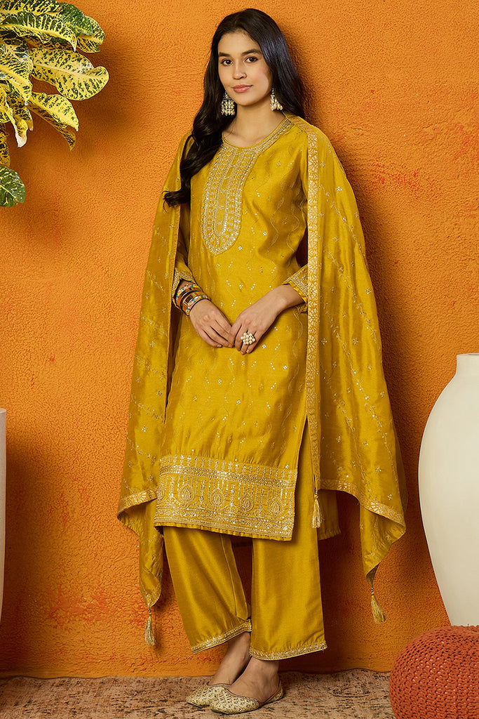 Silk Blend Mustard Embroidered Straight Kurta Pant With Dupatta PKSKD1817