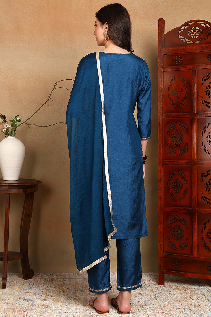 Silk Blend Blue Embroidered Straight Kurta Pant With Dupatta PKSKD1820