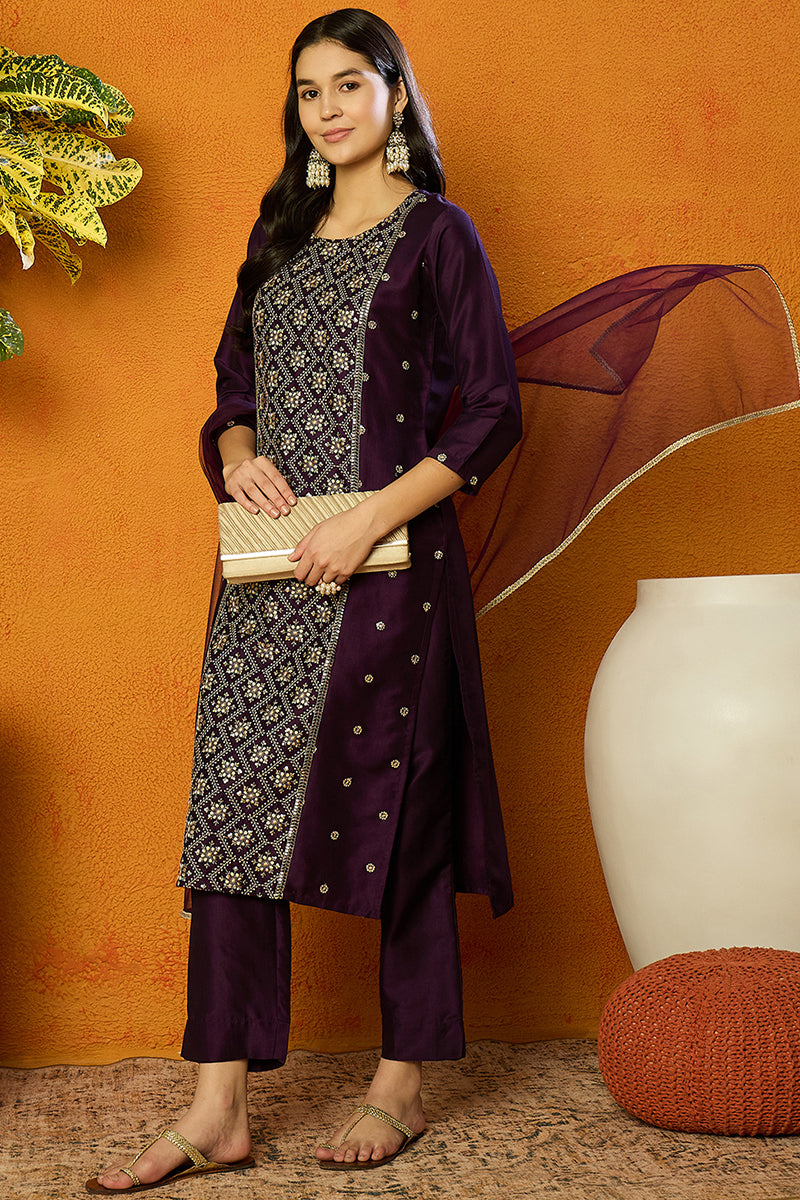 Purple Silk Blend Ethnic Motifs Straight Suit Set PKSKD1826