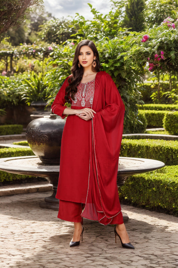 Red Silk Blend Straight Kurta Palazzo With Dupatta PKSKD1828