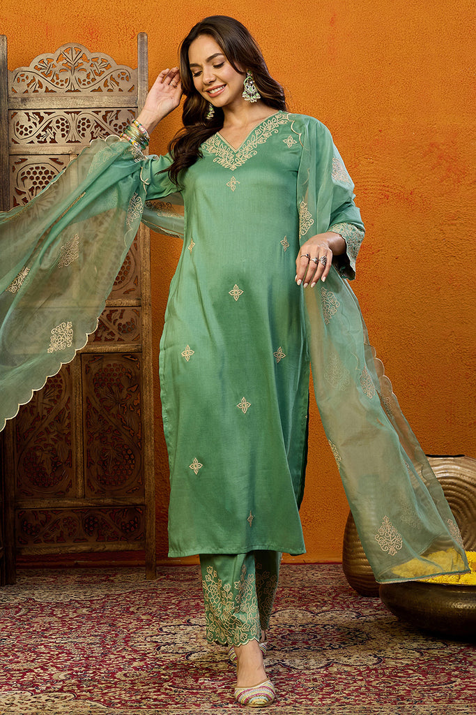 Green Silk Blend Floral Straight Suit Set PKSKD1845