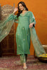 Green Silk Blend Floral Straight Suit Set PKSKD1845