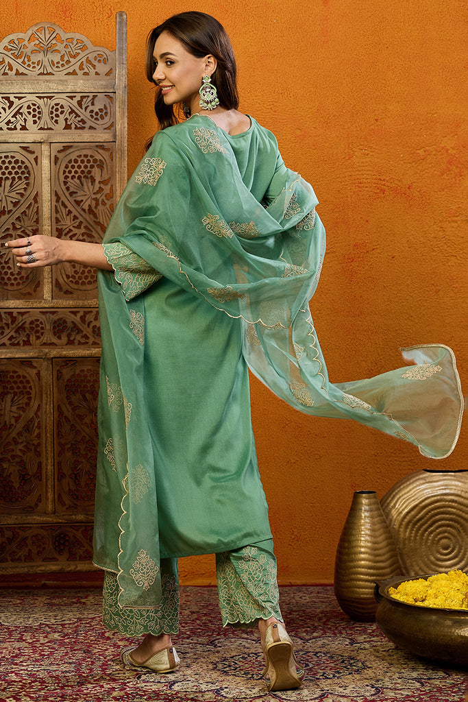 Green Silk Blend Floral Straight Suit Set PKSKD1845