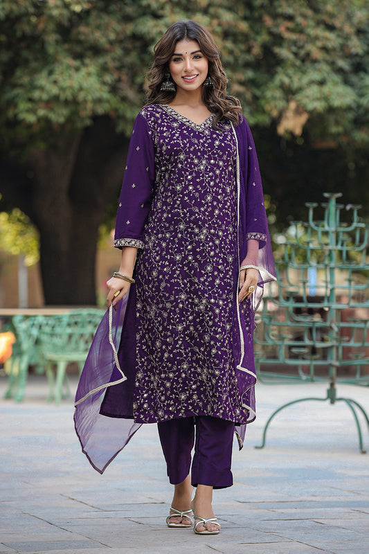 Purple Silk Blend Embroidered Straight Suit Set SETPKSKD1848 (M To 3XL Set)