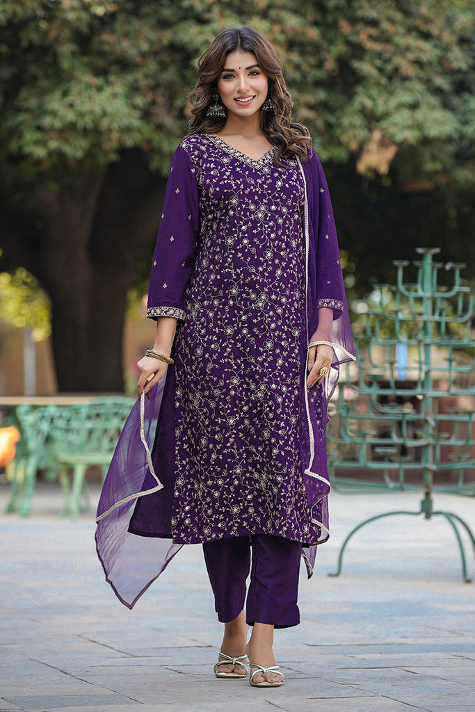 Purple Silk Blend Embroidered Straight Suit Set PKSKD1848